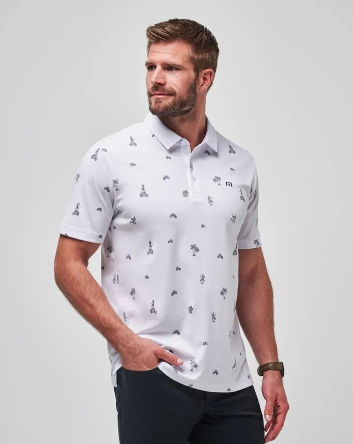 Men AROUND THE ISLAND POLO White TravisMathew Polos