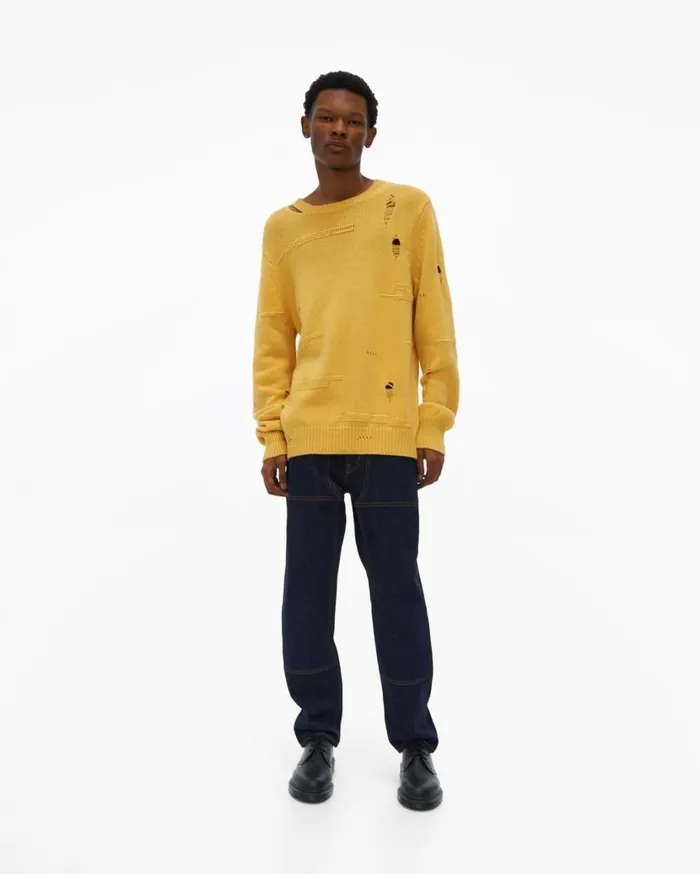 Men Distressed Sweater Laser Yellow Helmut Lang Sweaters