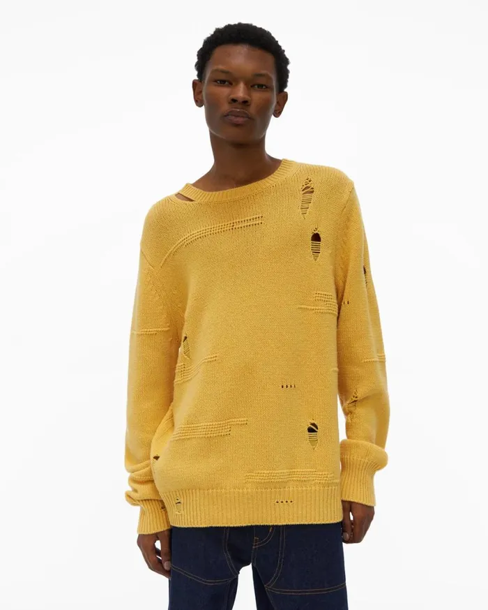 Men Distressed Sweater Laser Yellow Helmut Lang Sweaters