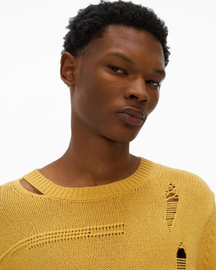 Men Distressed Sweater Laser Yellow Helmut Lang Sweaters