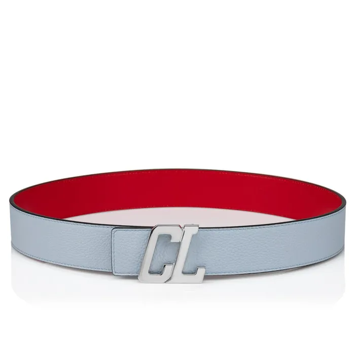 Men Happy Rui CL Logo Belt 8211 Grained Calf Leather 8211 Paseo Blue Christian Louboutin Belts