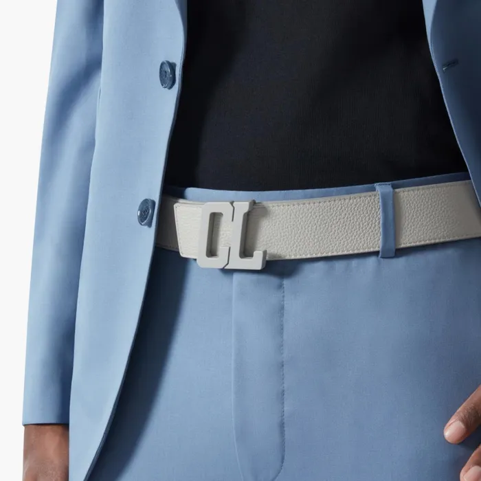 Men Happy Rui CL Logo Belt Belt 8211 Grained Calf Leather 8211 Goose Grey Christian Louboutin Belts