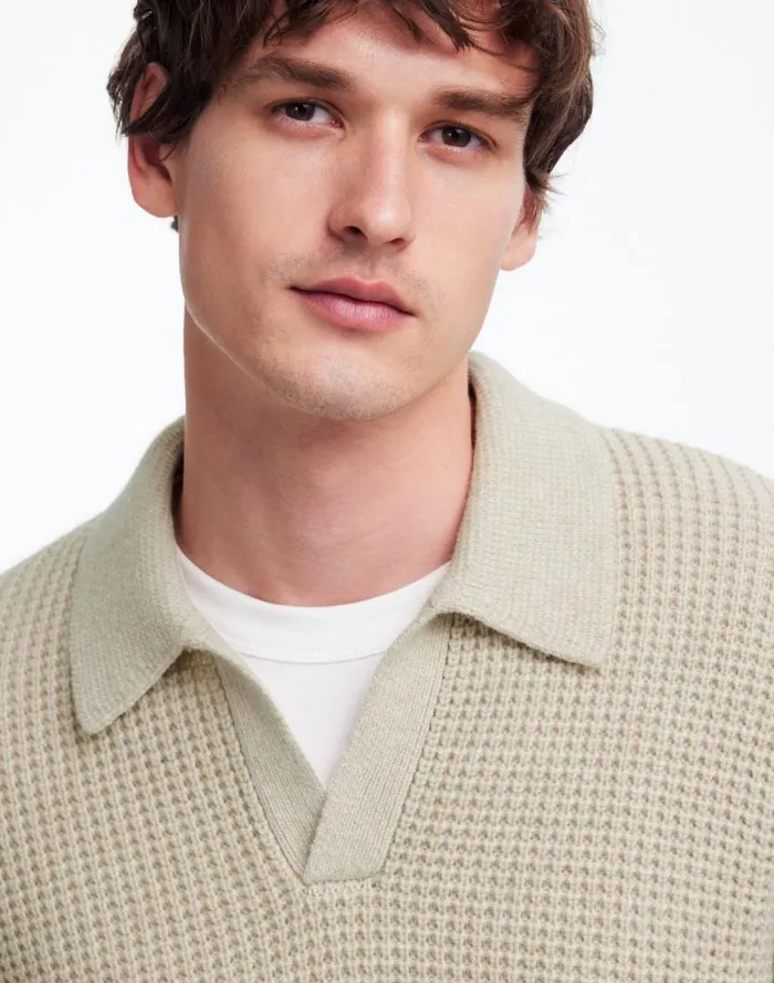 Men JohnnyCollar Sweater Polo Shirt In Waffle Knit Heather Light Sand Madewell Shirts Men JohnnyCollar Sweater Polo Shirt In Waffle Knit Heather Light Sand Madewell Shirts