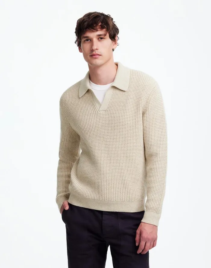 Men JohnnyCollar Sweater Polo Shirt In Waffle Knit Heather Light Sand Madewell Shirts