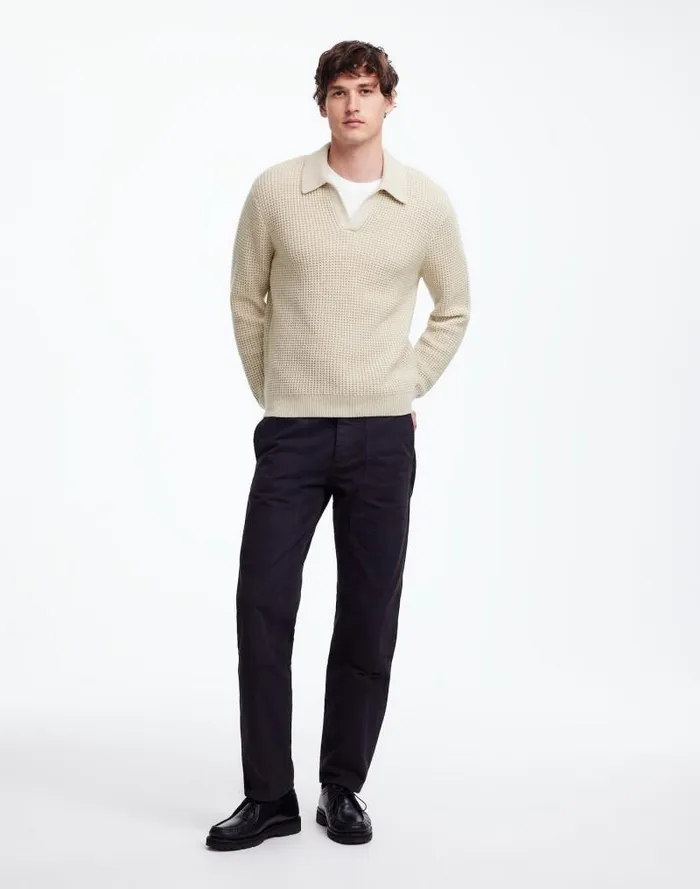 Men JohnnyCollar Sweater Polo Shirt In Waffle Knit Heather Light Sand Madewell Shirts