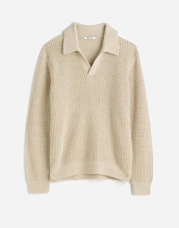 Men JohnnyCollar Sweater Polo Shirt In Waffle Knit Heather Light Sand Madewell Shirts