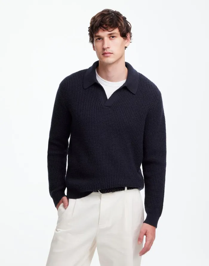 Men JohnnyCollar Sweater Polo Shirt In Waffle Knit Midnight Blue Madewell Polos
