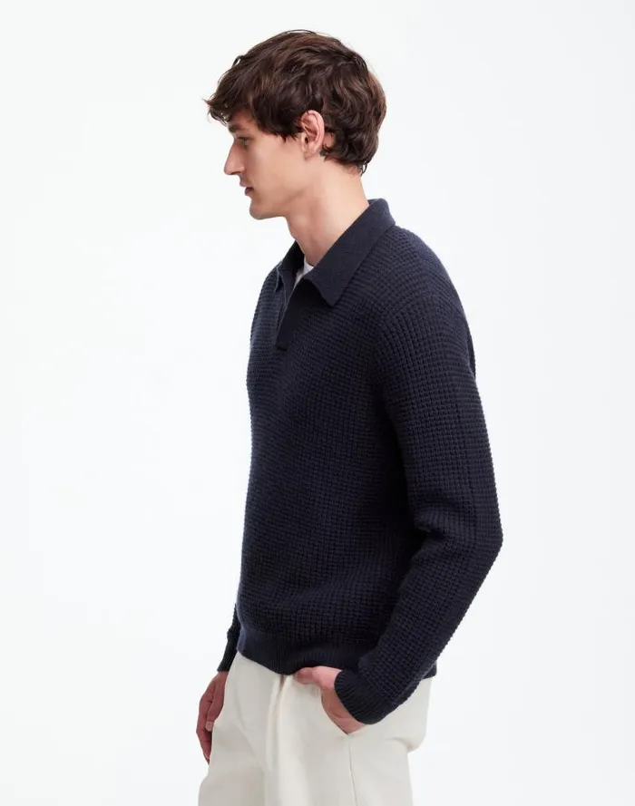 Men JohnnyCollar Sweater Polo Shirt In Waffle Knit Midnight Blue Madewell Polos