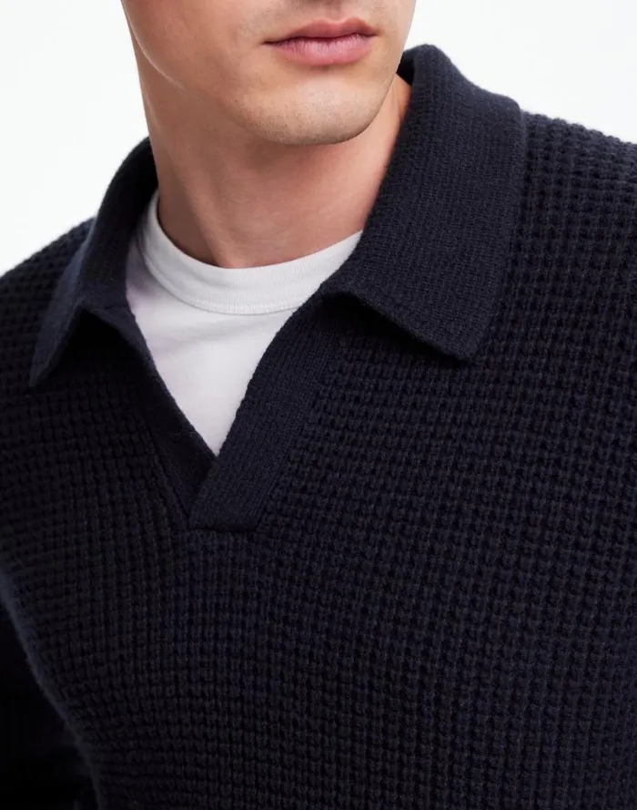 Men JohnnyCollar Sweater Polo Shirt In Waffle Knit Midnight Blue Madewell Polos