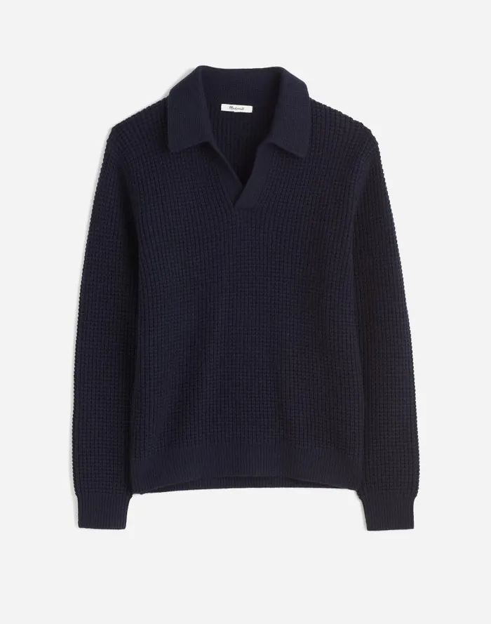 Men JohnnyCollar Sweater Polo Shirt In Waffle Knit Midnight Blue Madewell Polos
