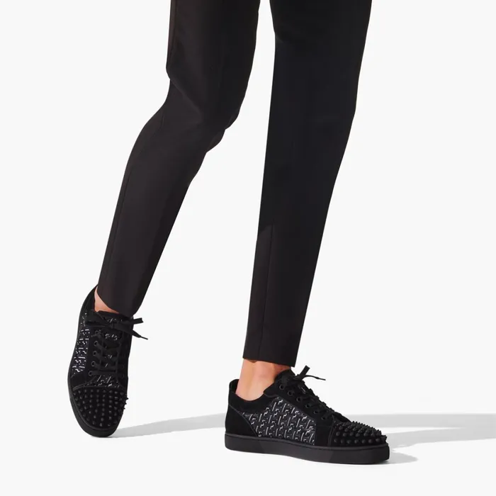 Men Louis Junior Spikes Sneakers 8211 Suede Coated Canva Techno CL And Spikes 8211 Black Black Christian Louboutin Low Top Sneakers