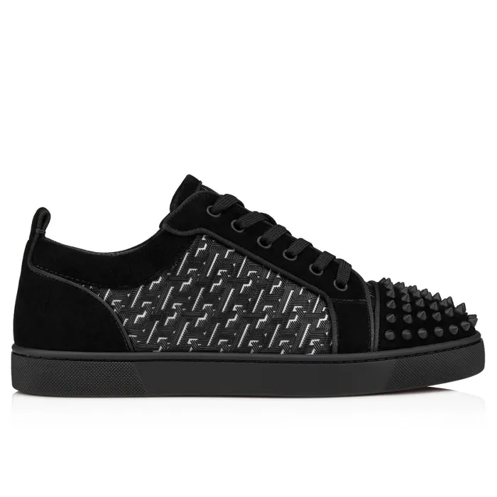 Men Louis Junior Spikes Sneakers 8211 Suede Coated Canva Techno CL And Spikes 8211 Black Black Christian Louboutin Low Top Sneakers