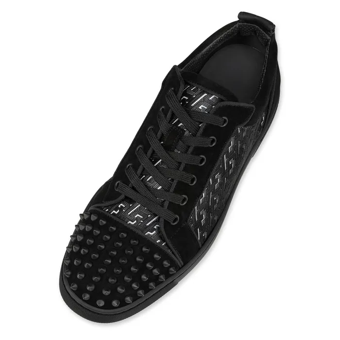 Men Louis Junior Spikes Sneakers 8211 Suede Coated Canva Techno CL And Spikes 8211 Black Black Christian Louboutin Low Top Sneakers