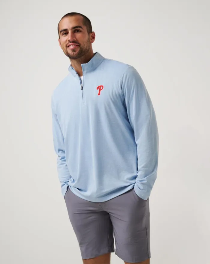 Men PHILADELPHIA PHILLIES TIME TO TAILGATE QUARTER ZIP Heather Blue TravisMathew Quarter Zips