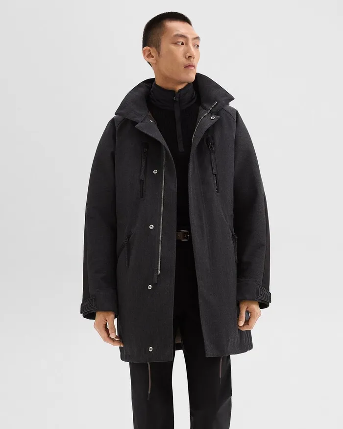 Men Theory Outerwear Hooded Parka In WoolBlend Twill Charcoal