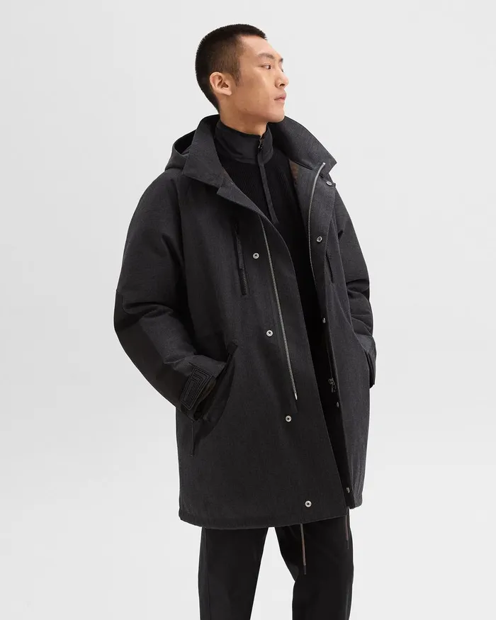 Men Theory Outerwear Hooded Parka In WoolBlend Twill Charcoal