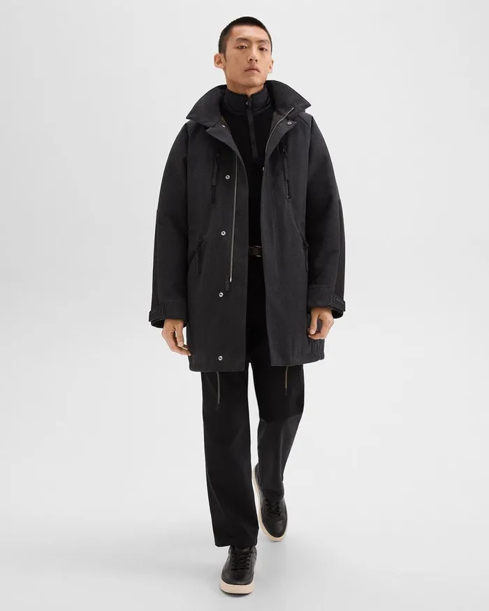 Men Theory Outerwear Hooded Parka In WoolBlend Twill Charcoal