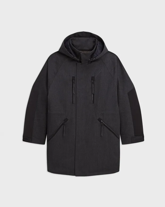 Men Theory Outerwear Hooded Parka In WoolBlend Twill Charcoal