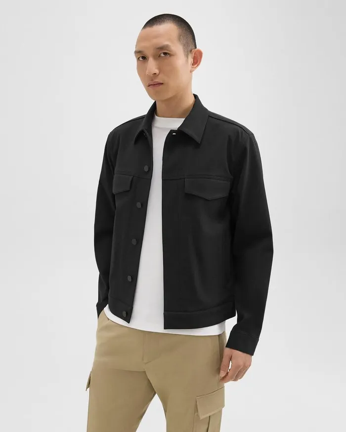 Men Theory Outerwear River Trucker Jacket In Neoteric Twill Black