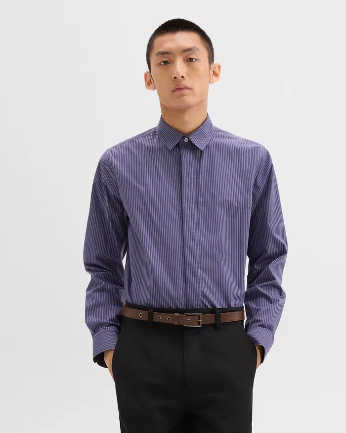 Men Theory Shirts Straight Shirt In Striped CottonBlend Marinalight Grey Multi