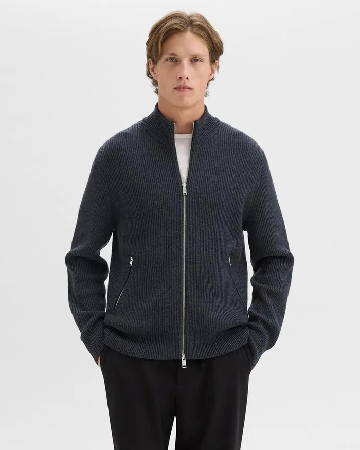 Men Theory Sweaters Cardigans Ribbed ZipUp Cardigan In Merino Wool Dark Grey Heather Men Theory Sweaters Cardigans Ribbed ZipUp Cardigan In Merino Wool Dark Grey Heather