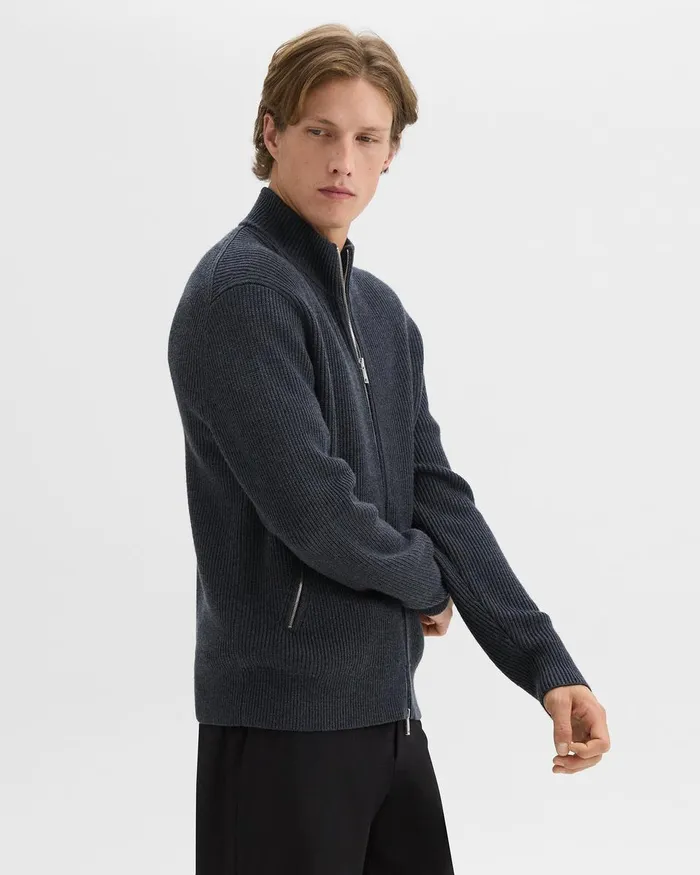 Men Theory Sweaters Cardigans Ribbed ZipUp Cardigan In Merino Wool Dark Grey Heather