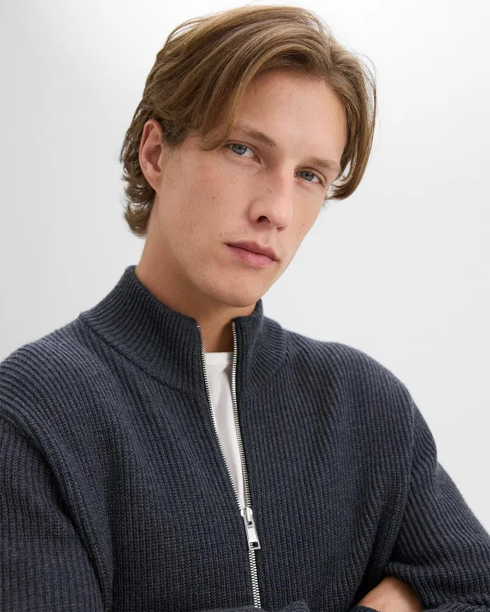 Men Theory Sweaters Cardigans Ribbed ZipUp Cardigan In Merino Wool Dark Grey Heather