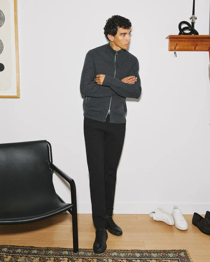 Men Theory Sweaters Cardigans Ribbed ZipUp Cardigan In Merino Wool Dark Grey Heather
