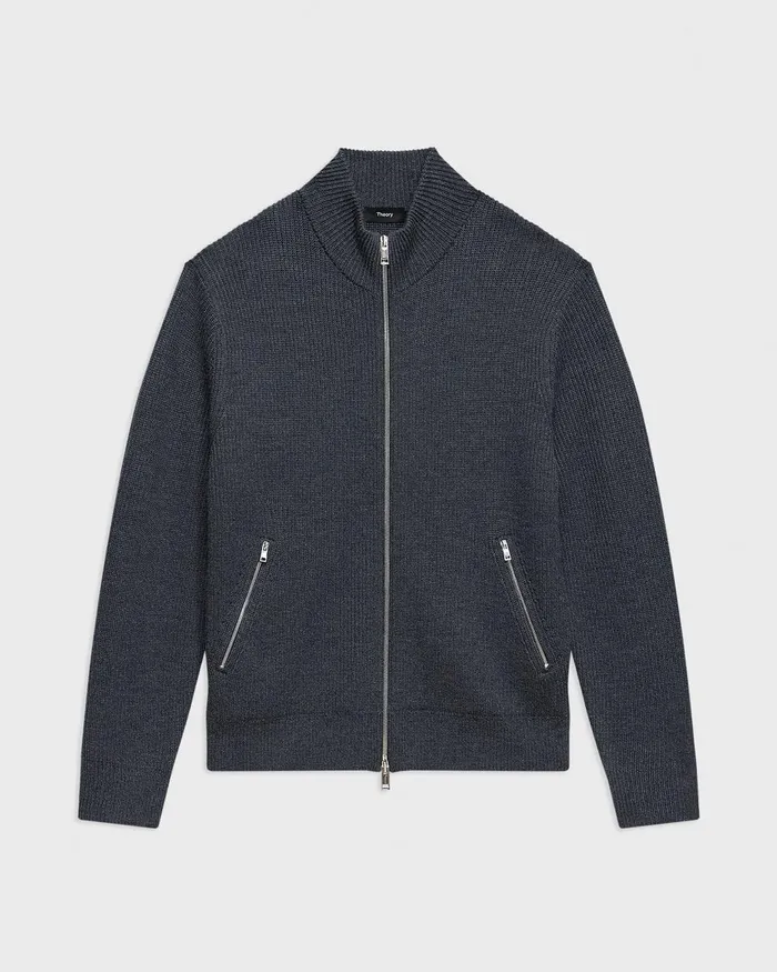 Men Theory Sweaters Cardigans Ribbed ZipUp Cardigan In Merino Wool Dark Grey Heather