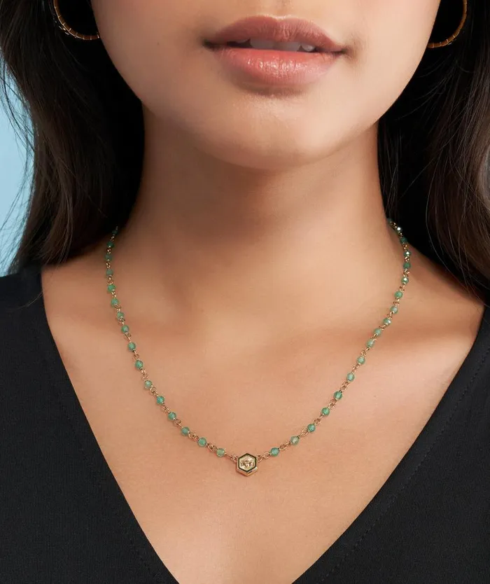 Necklaces Women Olivia Burton Minima Bee Green and Gold Plated Beaded Charm Necklace