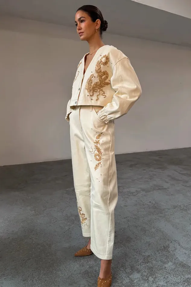 Never Fully Dressed Trousers and Shorts Ecru Raffia Palma Barrel Leg Jeans 8211 Women