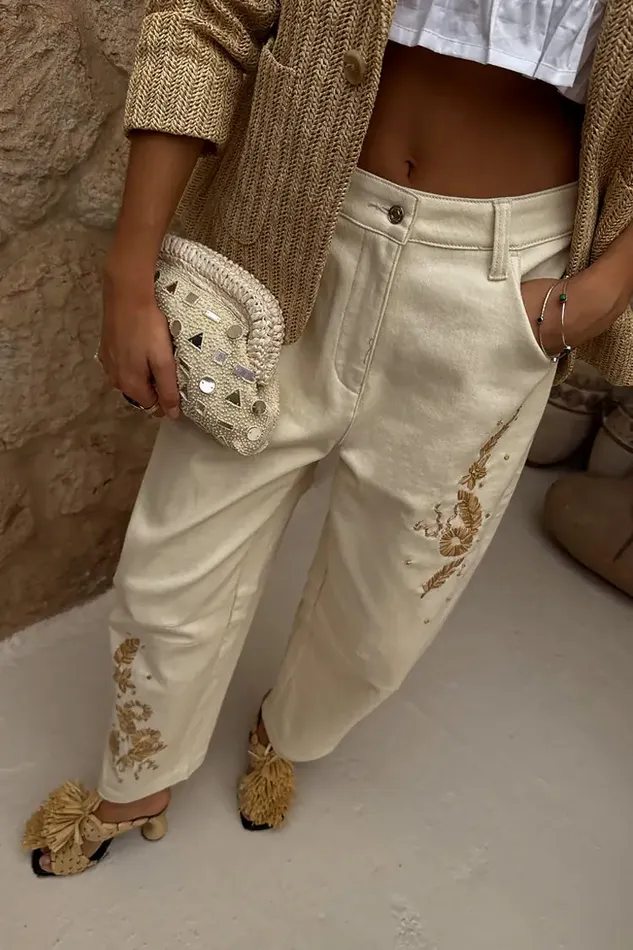 Never Fully Dressed Trousers and Shorts Ecru Raffia Palma Barrel Leg Jeans 8211 Women