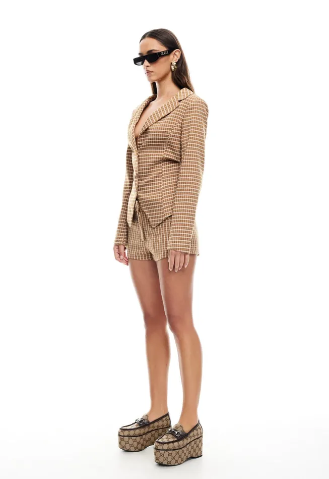 Outerwear Women Lioness Fashion BANKS CROP BLAZER Chocolate Check Outerwear Women Lioness Fashion BANKS CROP BLAZER Chocolate Check