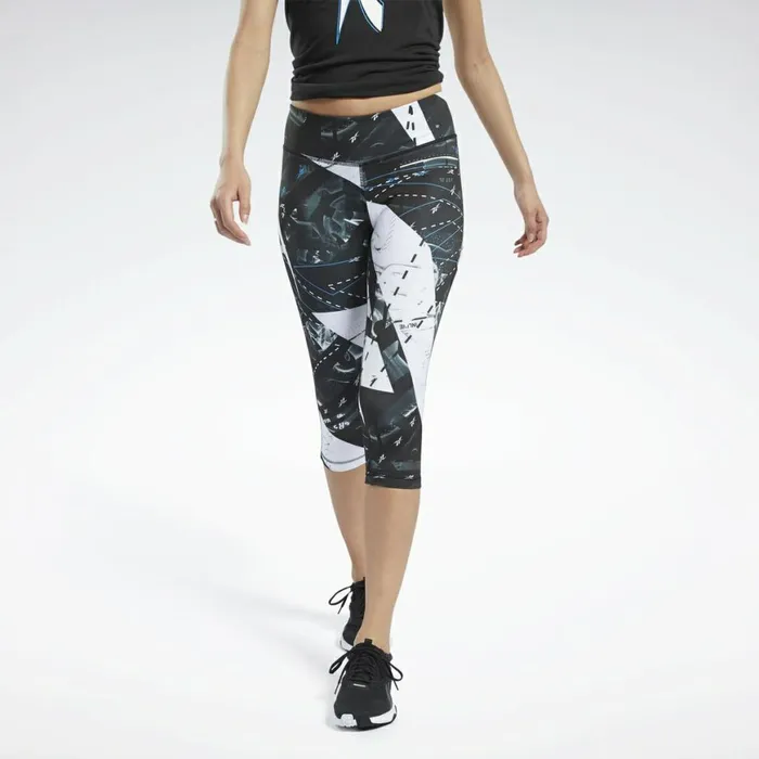 Pants and Sweatpants Womens Reebok Workout Ready Printed Capri Tights Black