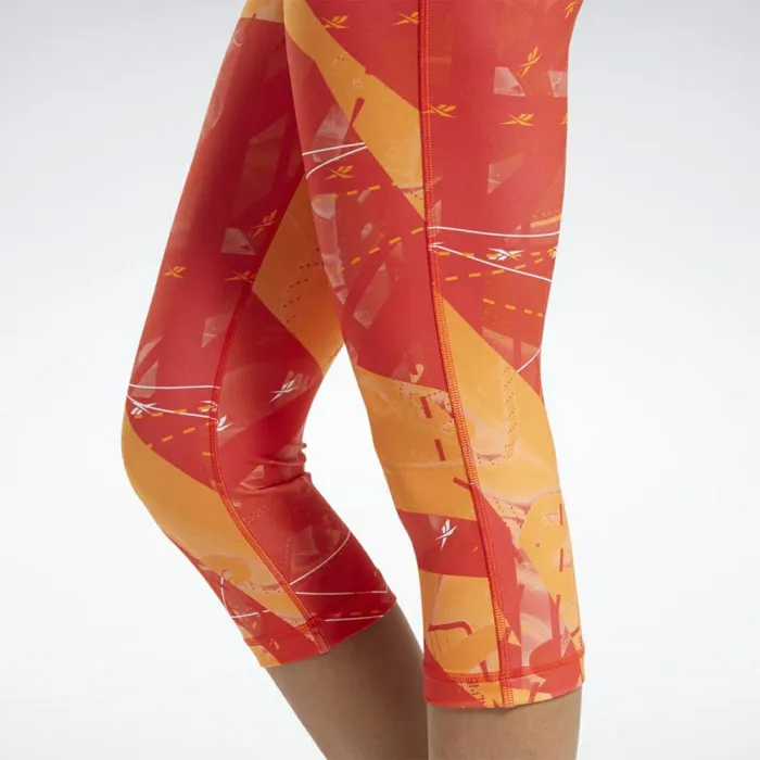 Pants and Sweatpants Womens Reebok Workout Ready Printed Capri Tights Instinct Red