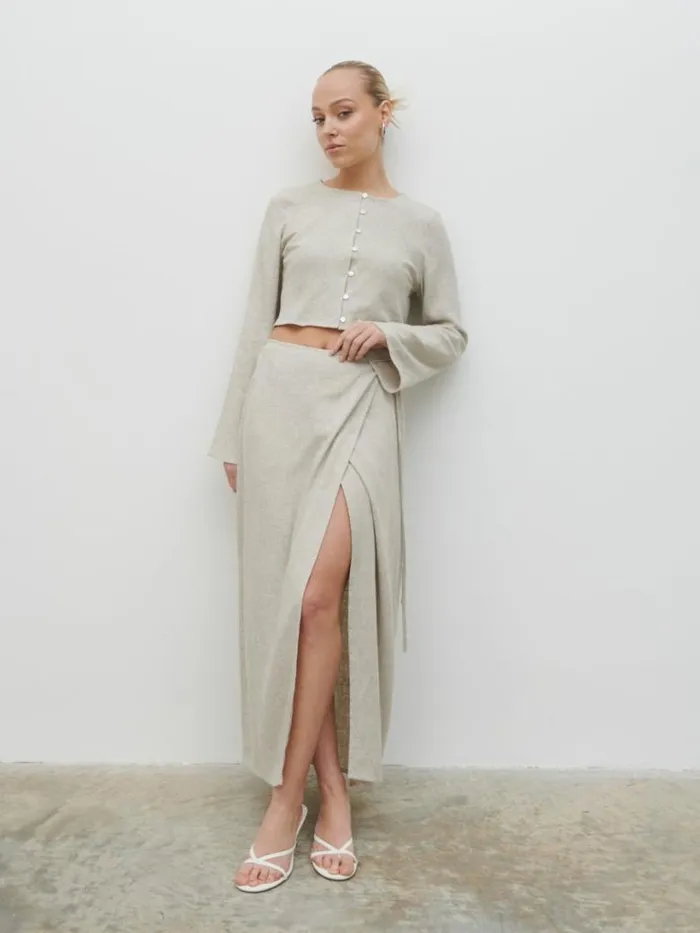 Pretty Lavish Bottoms Women Abigail Wrap Linen Midaxi Skirt Beige