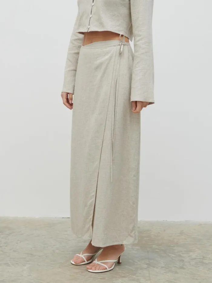 Pretty Lavish Bottoms Women Abigail Wrap Linen Midaxi Skirt Beige