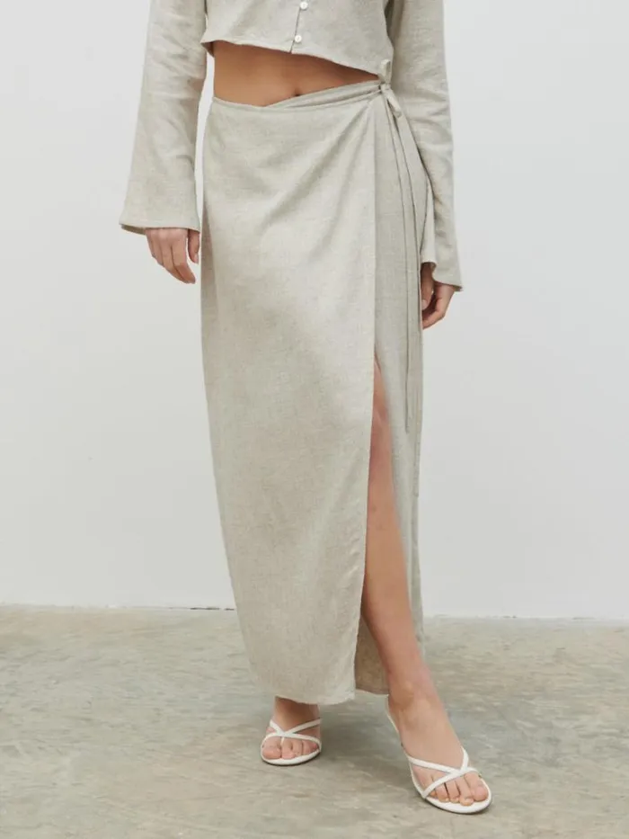 Pretty Lavish Bottoms Women Abigail Wrap Linen Midaxi Skirt Beige