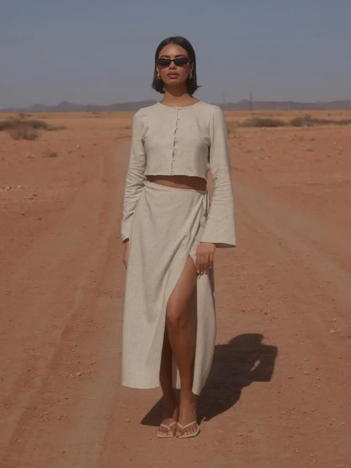 Pretty Lavish Bottoms Women Abigail Wrap Linen Midaxi Skirt Beige