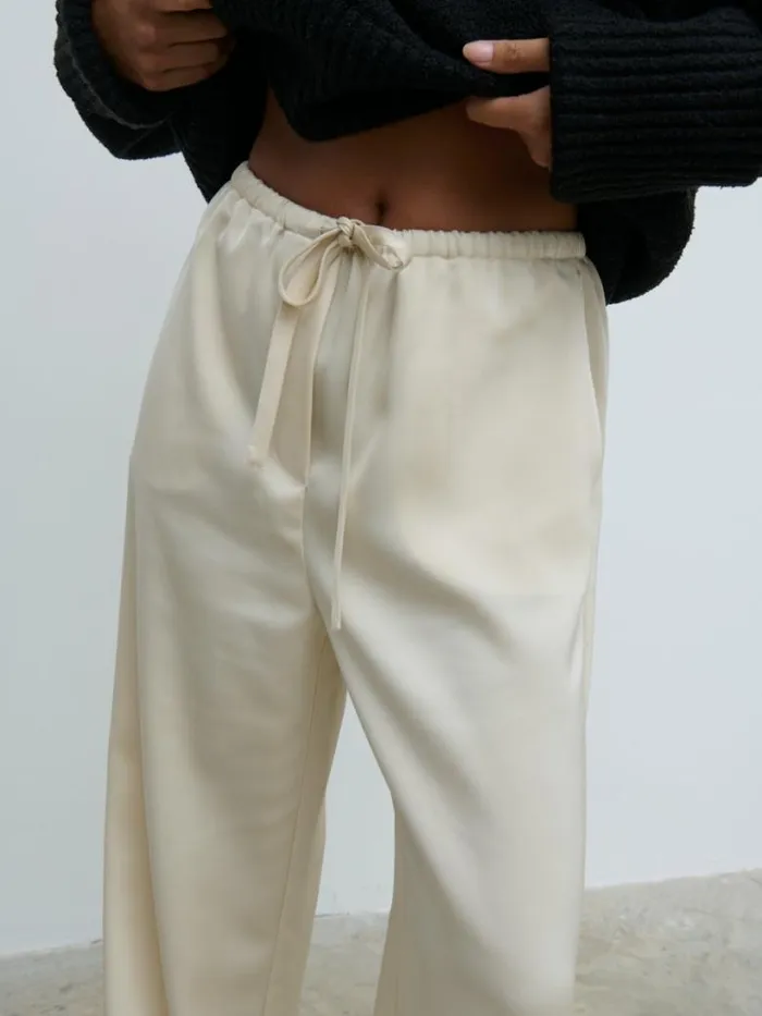 Pretty Lavish Bottoms Women Breya Satin Drawstring Trousers Cream