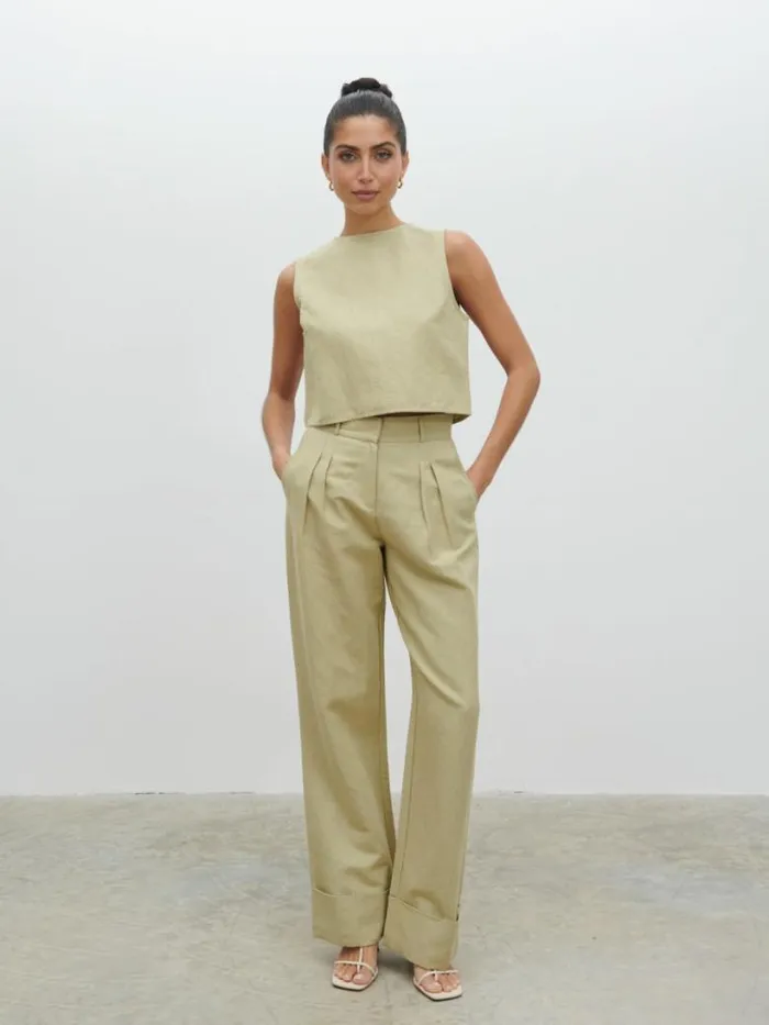 Pretty Lavish Bottoms Women Bryony Linen Trousers Olive