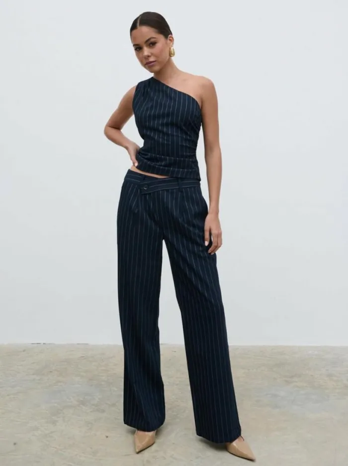 Pretty Lavish Bottoms Women Flynn Slouchy Pinstripe Trousers Navy