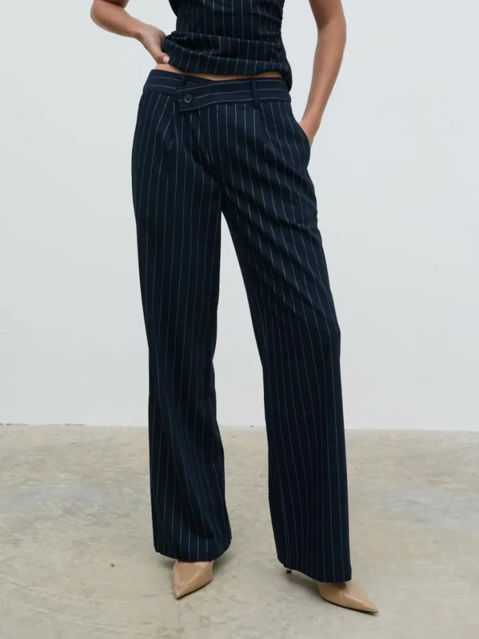 Pretty Lavish Bottoms Women Flynn Slouchy Pinstripe Trousers Navy