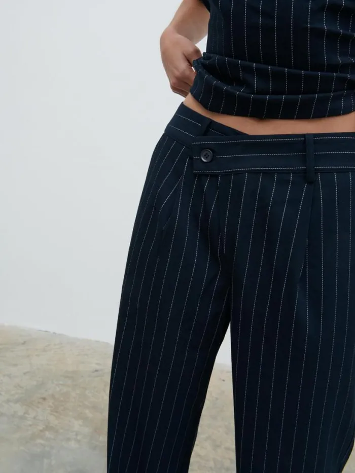 Pretty Lavish Bottoms Women Flynn Slouchy Pinstripe Trousers Navy