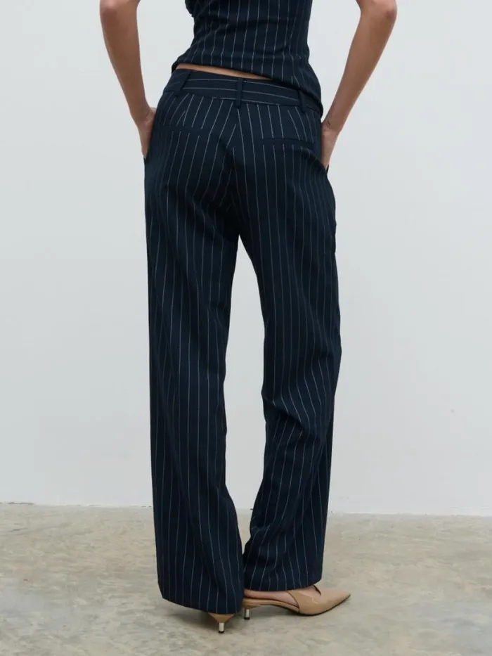 Pretty Lavish Bottoms Women Flynn Slouchy Pinstripe Trousers Navy