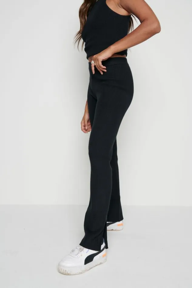 Pretty Lavish Bottoms Women Gigi Split Hem Knit Trousers Black