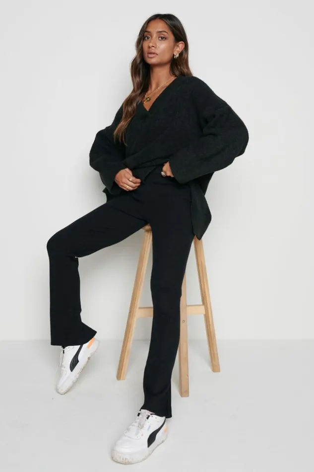 Pretty Lavish Bottoms Women Gigi Split Hem Knit Trousers Black