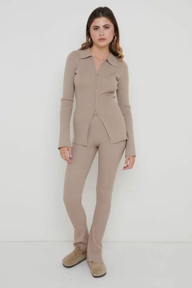 Pretty Lavish Bottoms Women Gigi Split Hem Knit Trousers Brown
