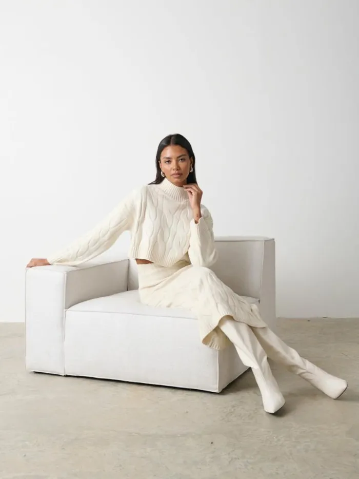 Pretty Lavish Bottoms Women Hunter Cable Knit Midaxi Skirt Cream