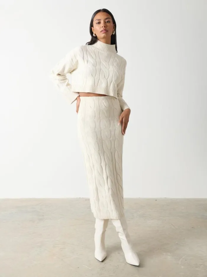 Pretty Lavish Bottoms Women Hunter Cable Knit Midaxi Skirt Cream